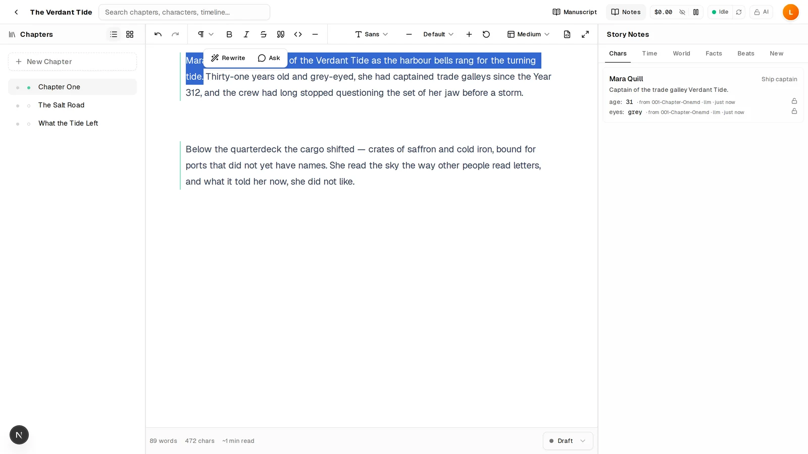 Redraft manuscript editor with an inline AI menu and a story-notes panel.