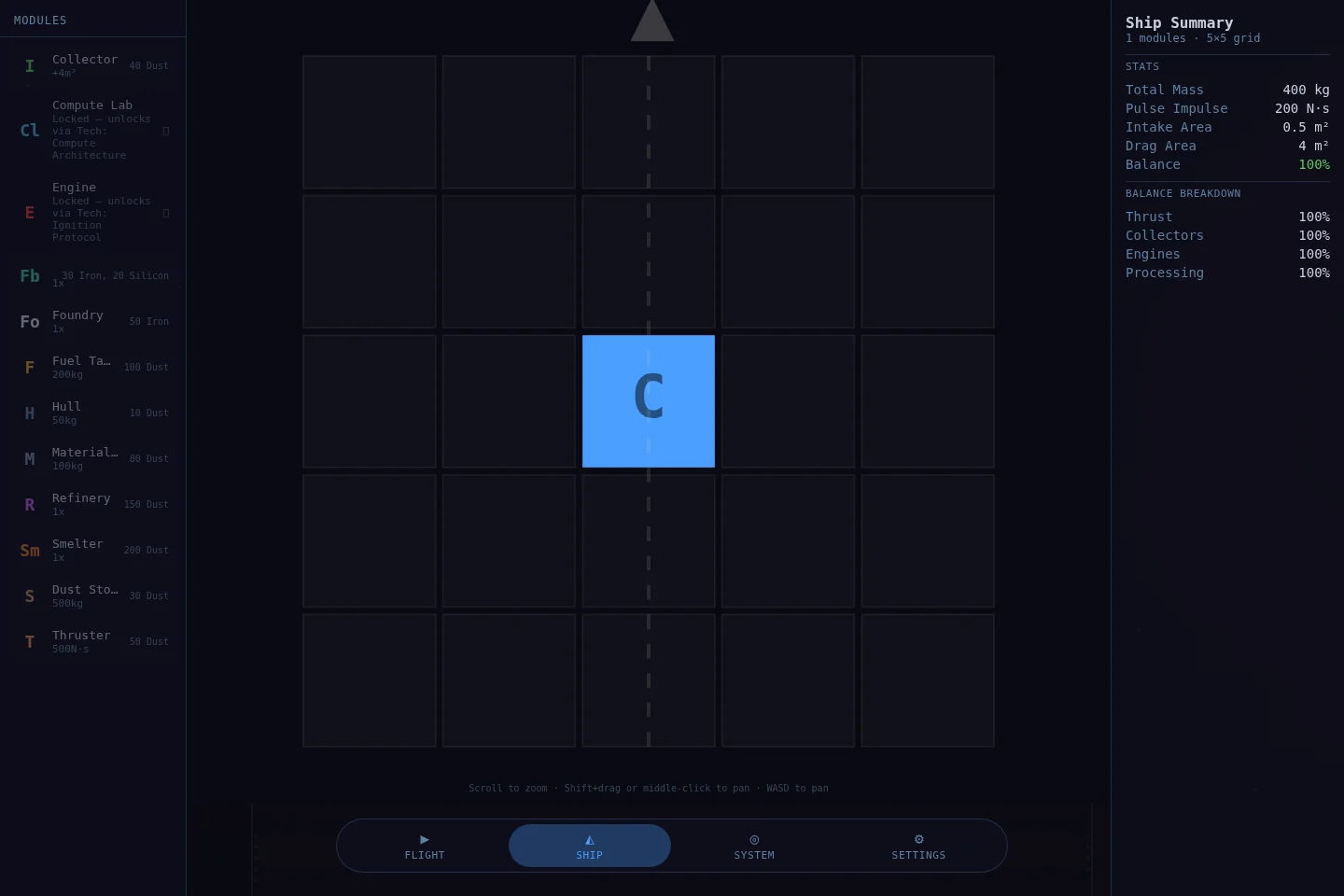 Speck's modular ship editor showing available components and ship statistics.