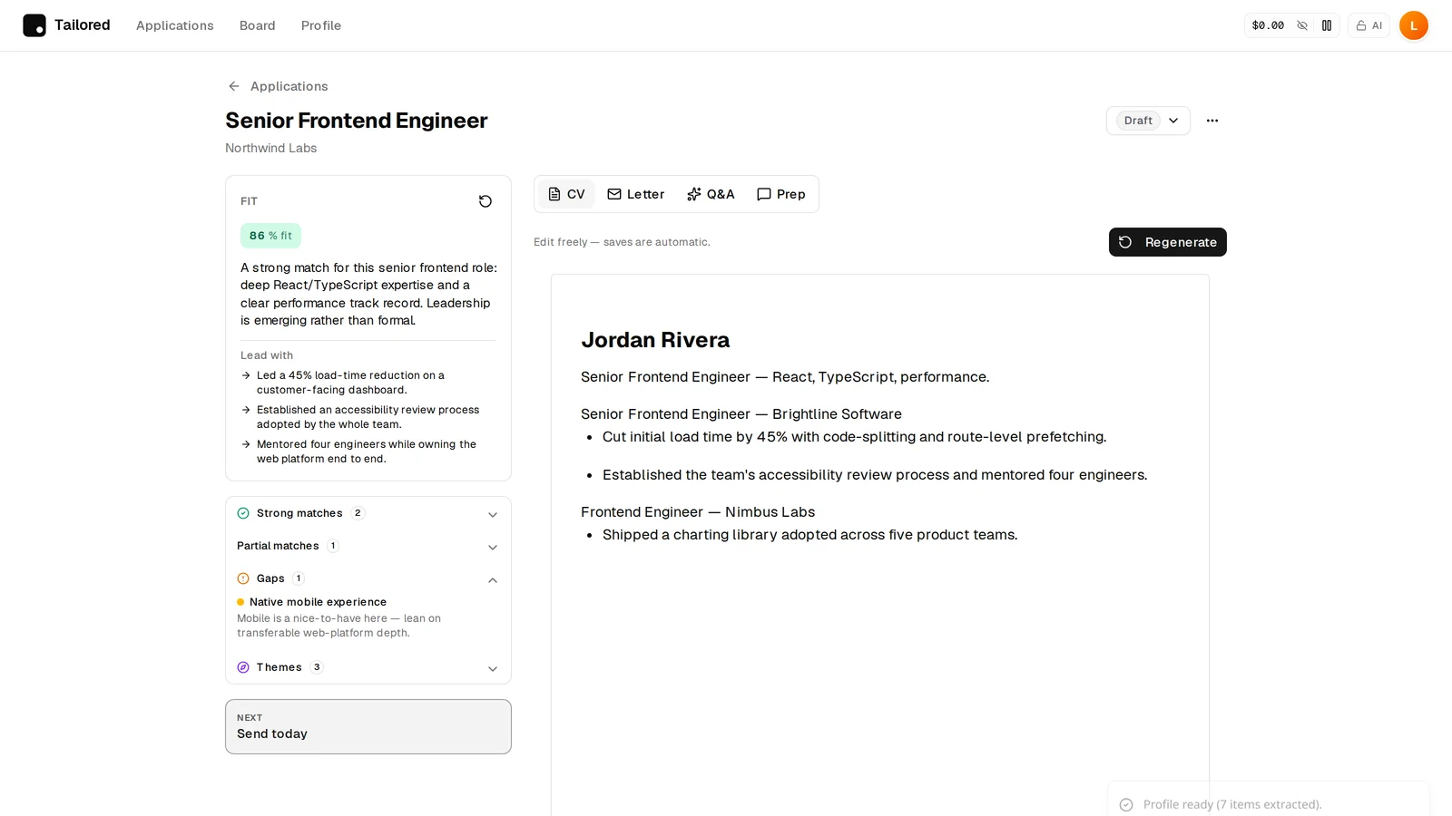Tailored workspace showing job-fit analysis alongside a CV tailored to a frontend engineering role.